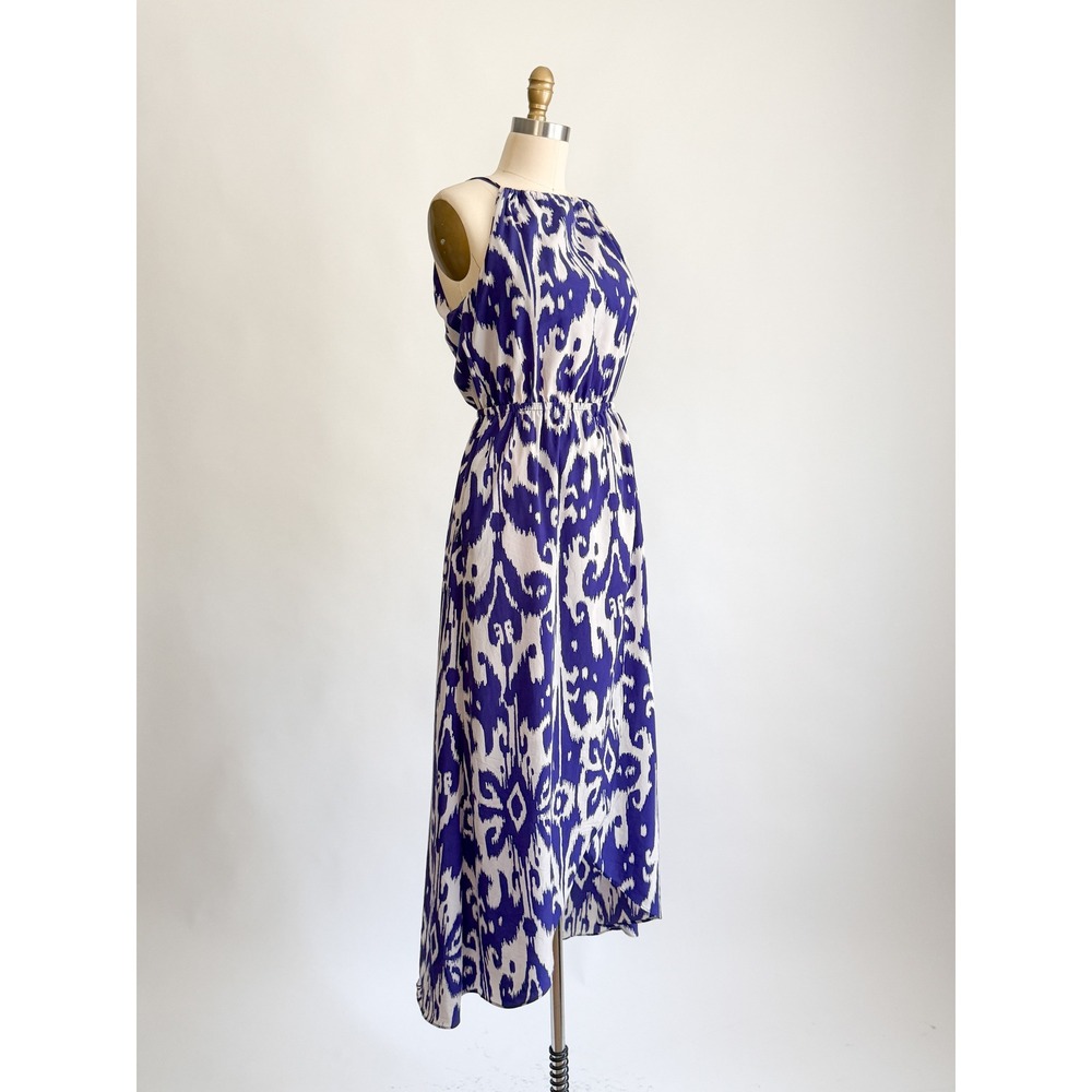 Bohemian Athleta Ikat Maxi Dress S Blue White Halter Tassel High Low Hem - Picture 3 of 9